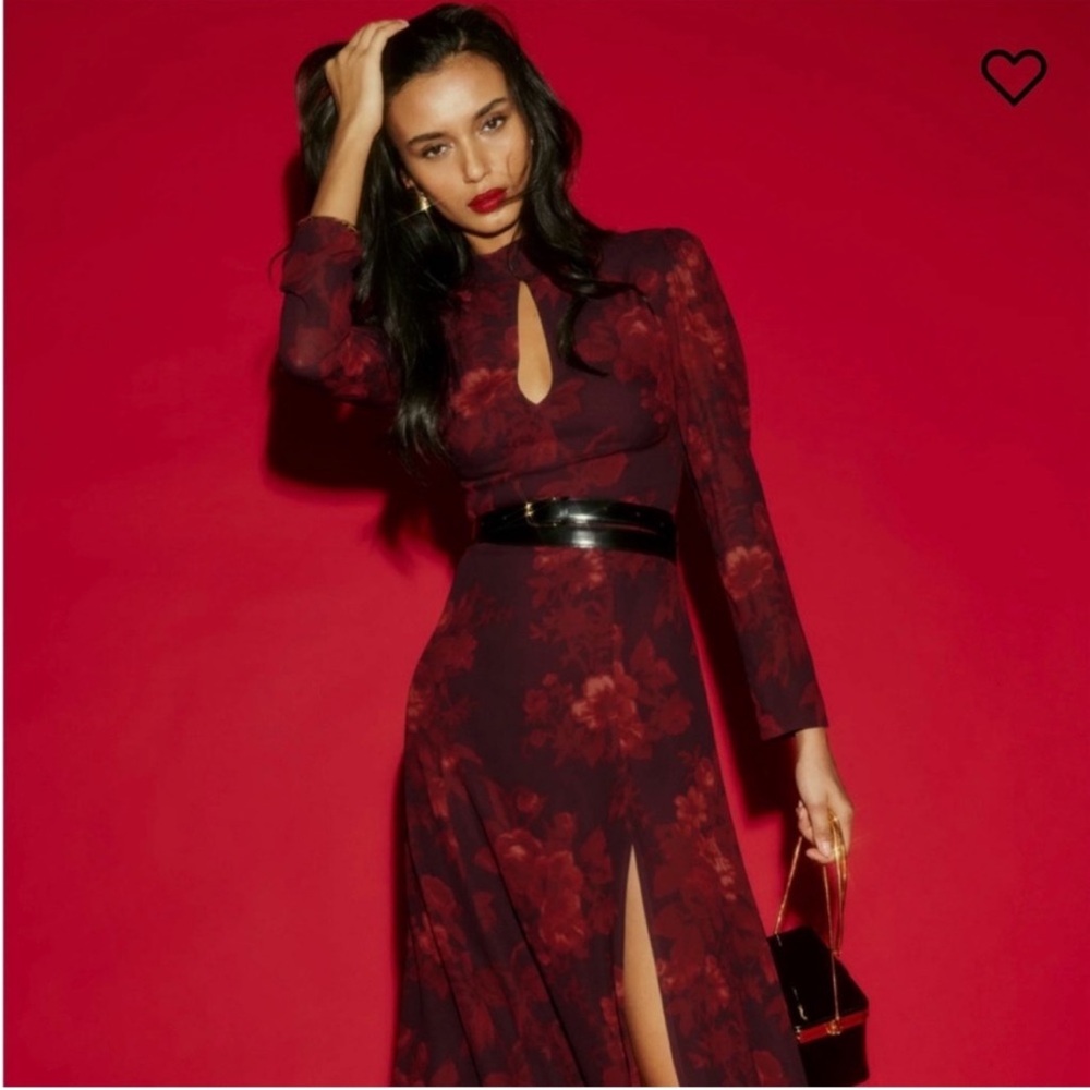 Reformation Burgundy Floral Long Sleeve Dress